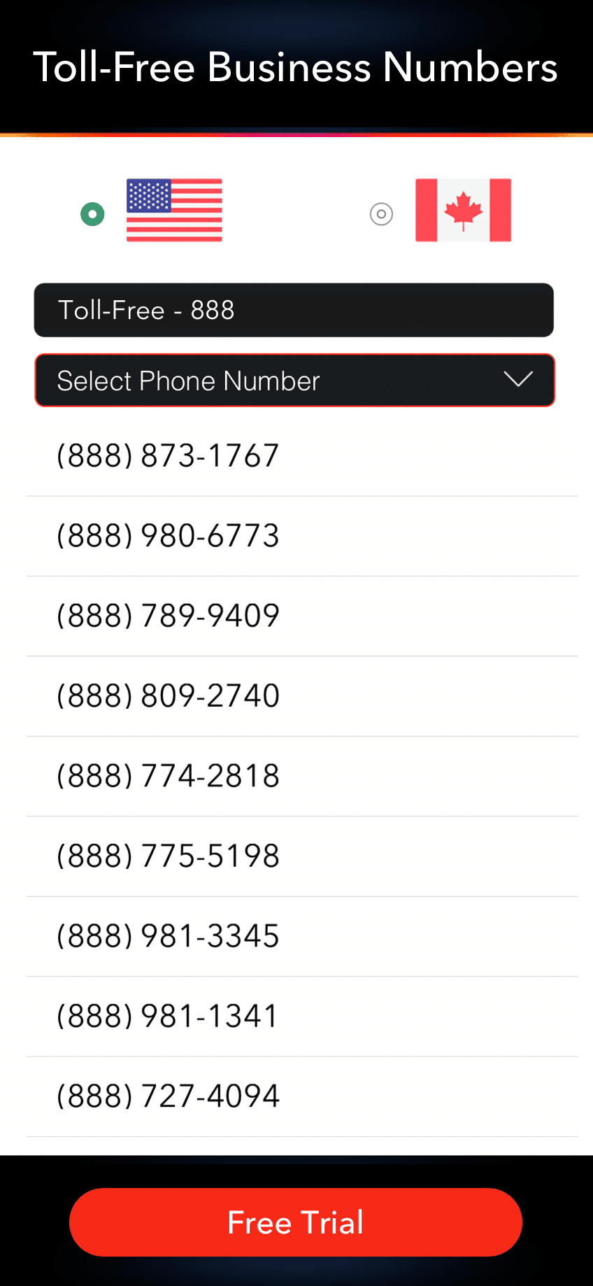 LinkedPhone Mobile App Screenshot of Select Toll-Free Business Phone Number