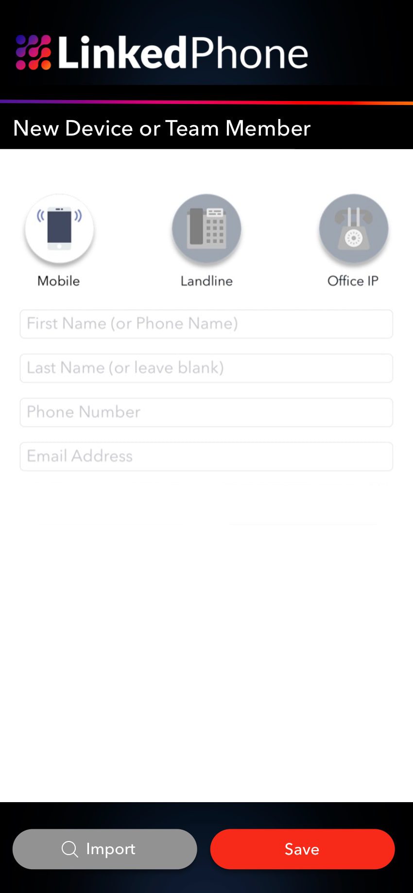 LinkedPhone App Screenshot - Add Team Member or New Device to Your Business Phone System