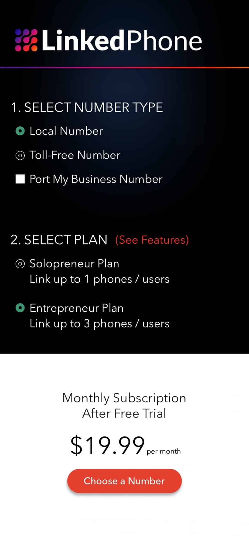 LinkedPhone Mobile App Screenshot - Choose a Subscription - Entrepreneur Plan Plan