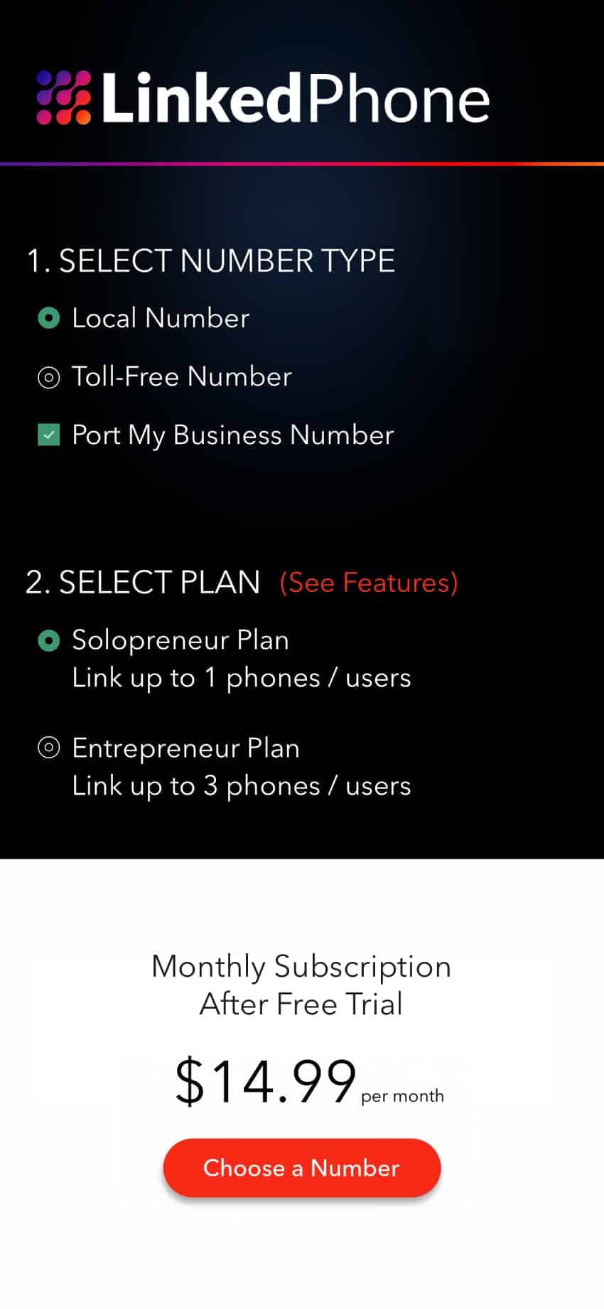 LinkedPhone Mobile App Screenshot - Choose a Subscription - Solopreneur Plan
