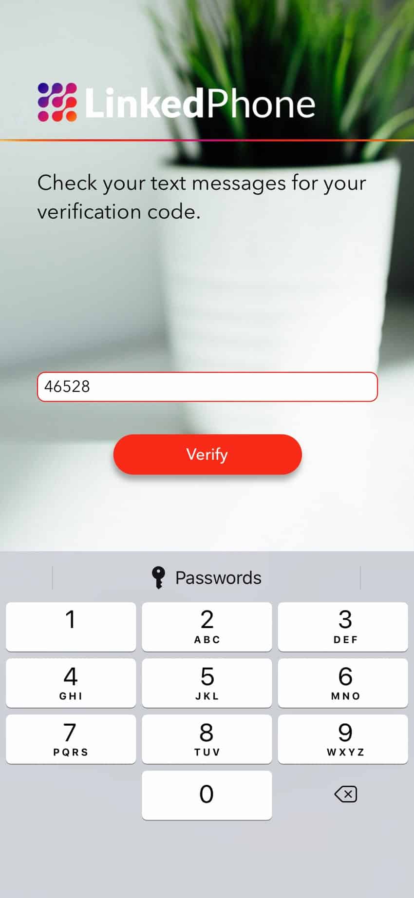 LinkedPhone Mobile App Screenshot - Verification Code to Verify Cell Phone Number